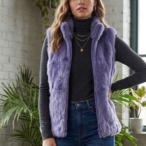 New Y2K Vintage Express Genuine Rabbit Fur Vest Purple Mock Neck 2-Way Zip Sz M